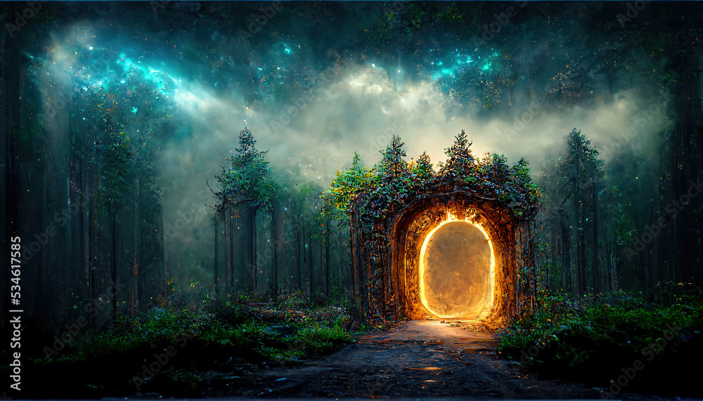 Spectacular fantasy scene with a portal archway covered in creepers. In