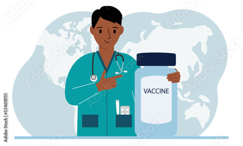 Pandemic, vaccination and health concept. Doctor with a bottle of vaccine.