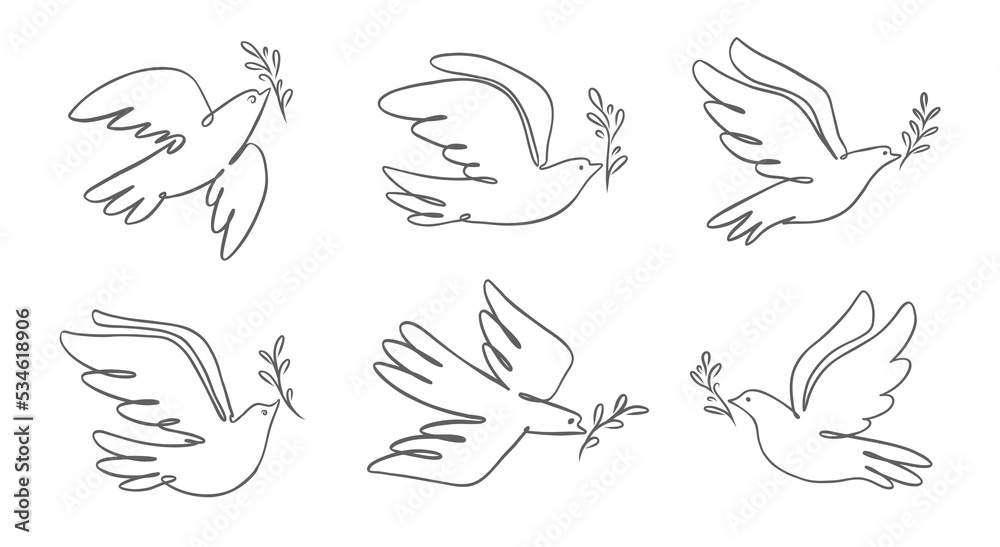 Flying dove with olive branch badge. Bird and twig symbol of peace and freedom. Pigeon icon in linear style