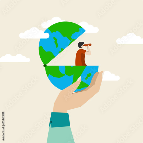 smart businessman standing on globe, businessman using telescope to see future vision or opportunity. Globalization, global business vision, world economy or business opportunity concept