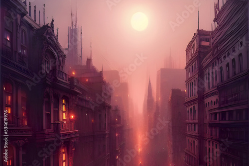 A 3d digital render of a cyberpunk city environment with tall dark buildings and pink sunset sky.