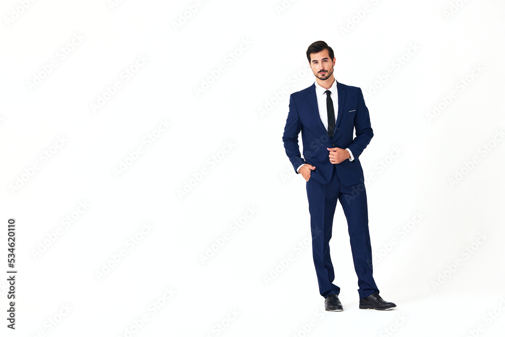 Man business smile with teeth in a suit business job walks open mouth happiness and surprise full-length on white isolated background copy space Man business smile with teeth in a suit business job walks open mouth happiness and surprise full-length on white isolated background copy space
