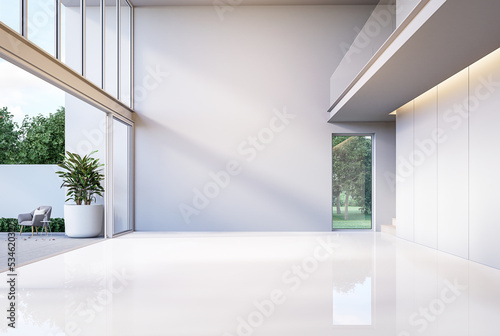 Fototapeta Naklejka Na Ścianę i Meble -  Minimal style modern white empty room with open sliding door to terrace 3d render overlooking nature view background