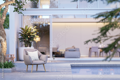 Vászonkép Modern style swimming pool terrace with blurry modern white background 3d render