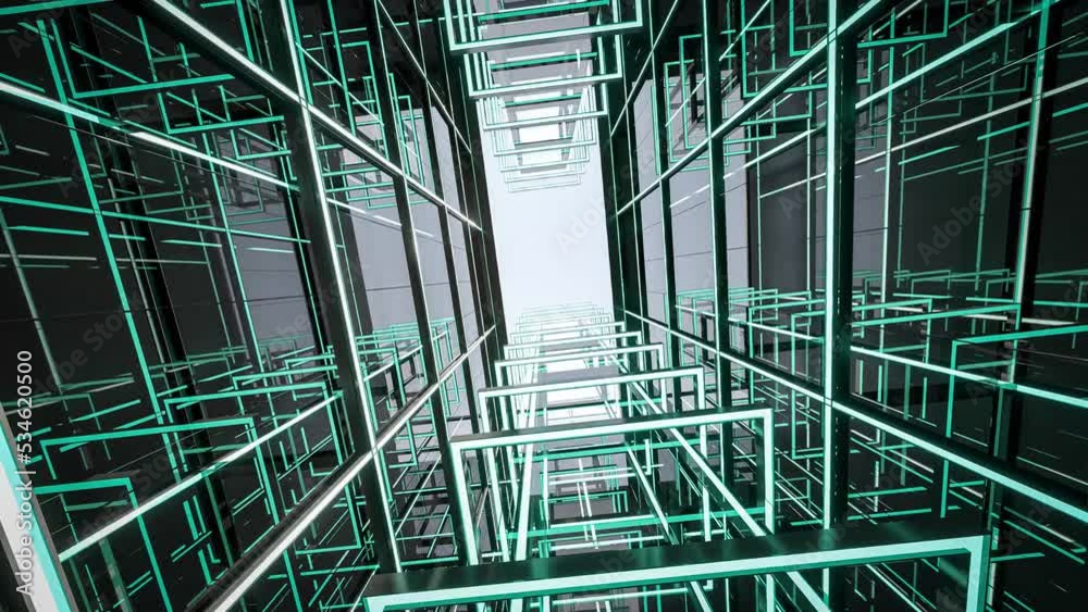 Animation of modern style abstract digital building interior background 3d render,black structure and transparent wall, Decorated with green neon lights.