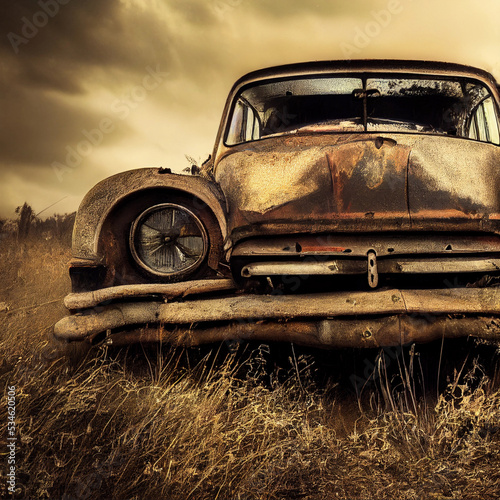 Abandoned vintage car in a rusty condition. 3D illustration photo