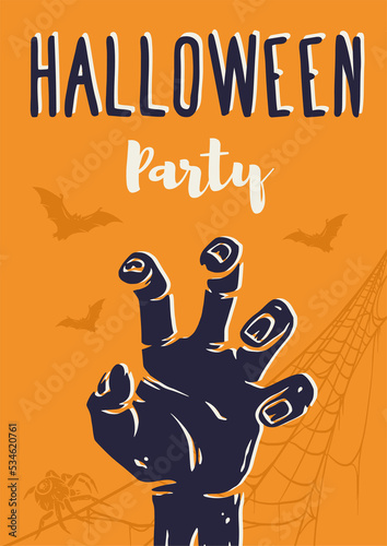 Halloween poster with zombie hand for halloween. Fear or horror spooky skeleton of happy halloween for design dark walking dead party