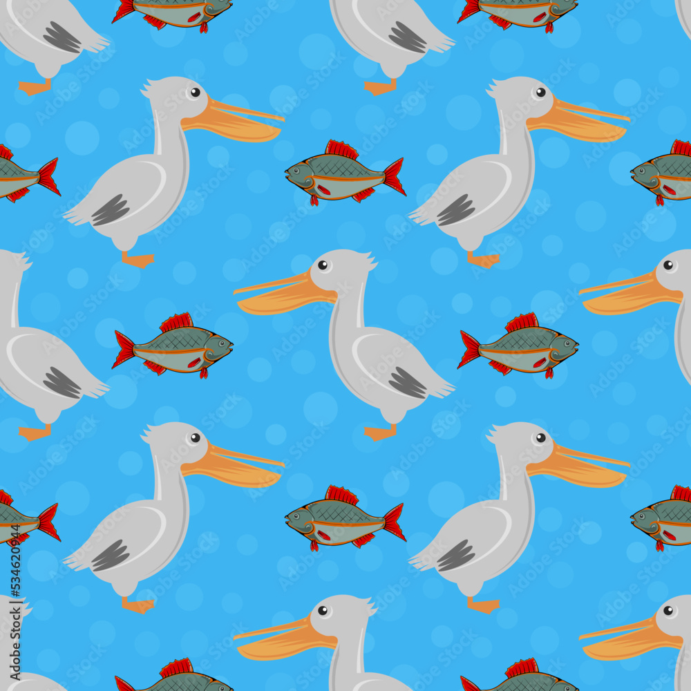 Pelican and Fish Icons Isolated on Blue Background. Exotic Tropical Bird Seamless Pattern. Pelican and Fish Icons Isolated on Blue Background. Exotic Tropical Bird Seamless Pattern.
