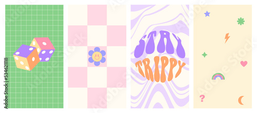 Groovy stories and post frame templates. Social media set design. Abstract retro aesthetic hippie backgrounds pack 70s, 80s, 90s style. Trendy girly сute design.