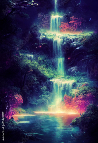Fantasy of neon waterfall in deep forest. Glowing colorful look like fairytale. 2D Illustration.