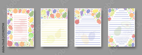 Fruit cartoon border notebook page. Berry notepad sheet template. Healthy food lined notepaper with raspberry strawberry blackberry grapes lemon peach cherry apricot apple pear plum orange avocado