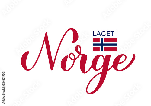 Made in Norway handwritten label in Norwegian language. Quality mark icon. Calligraphy hand lettering. Vector template for logo design, tags, badges, stickers, emblem, product package, etc