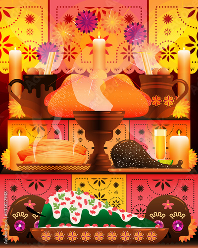 Ilustración vertical de ofrenda para día de muertos con comida típica mexicana. photo