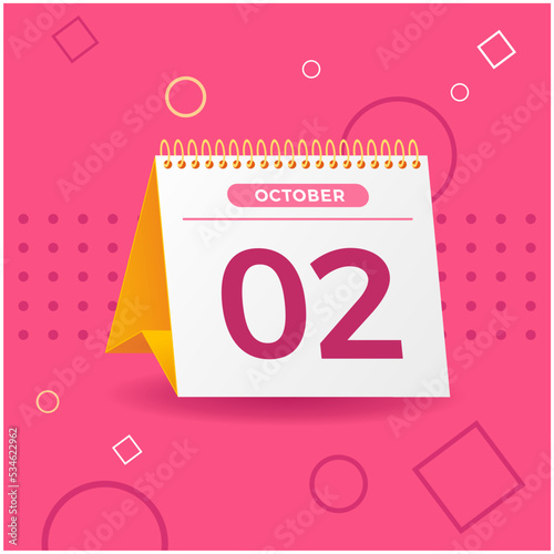 White and yellow calendar on pink background. 02th of october. Vector. 3D illustration. photo