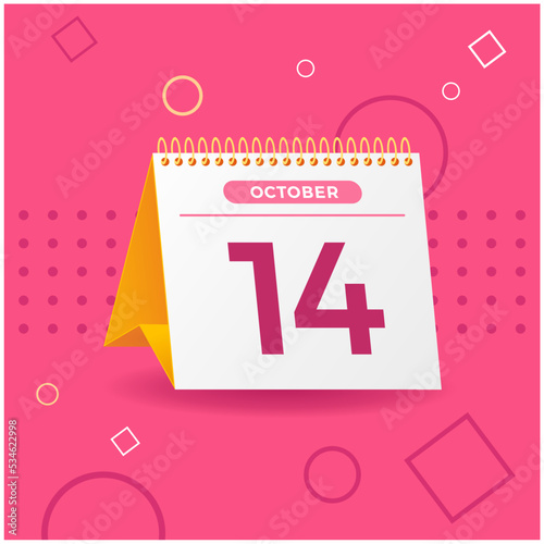 White and yellow calendar on pink background. 14th of october. Vector. 3D illustration.