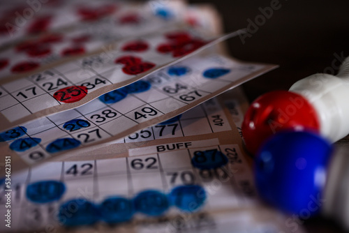 Red and blue marked Bingo cards close up. High quality photo