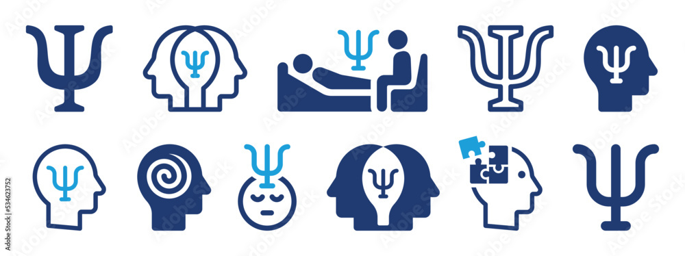 Psychology icon set. Uppercase Psi symbol vector illustration. Psychotherapy or mental health concept.