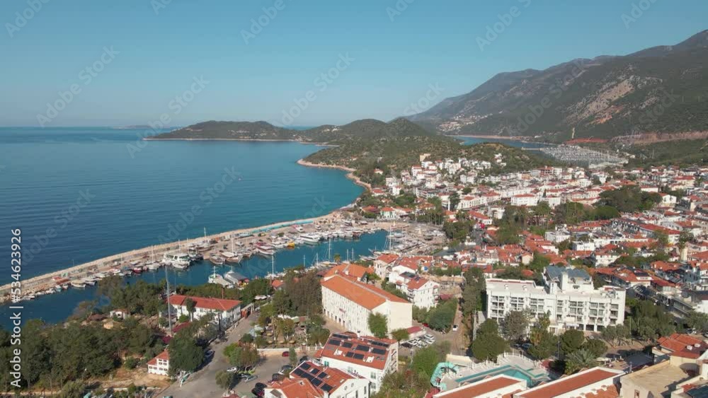 Greek Islands from Turkey, flying over a small town by the sea, 4k drone Greek Islands from Turkey, flying over a small town by the sea, 4k drone