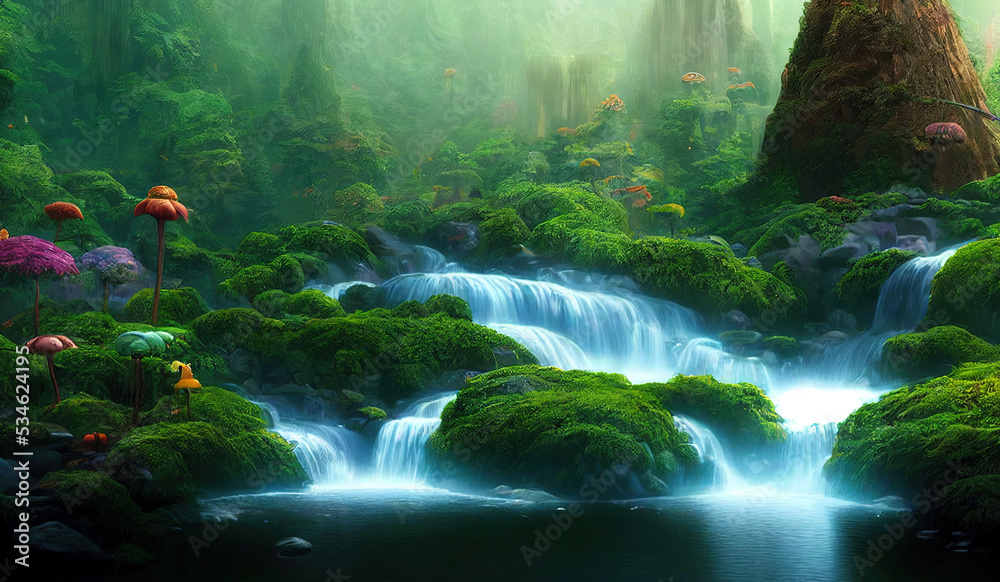 Fantastic Green Great Forest Trees Waterfall Mountains. Fantasy Backdrop Concept Art Realistic Illustration Video Game Background Digital Painting CG Artwork Scenery Artwork Serious Book Illustration
