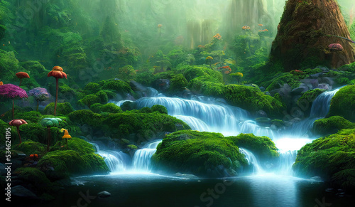 Fantastic Green Great Forest Trees Waterfall Mountains. Fantasy Backdrop Concept Art Realistic Illustration Video Game Background Digital Painting CG Artwork Scenery Artwork Serious Book Illustration 