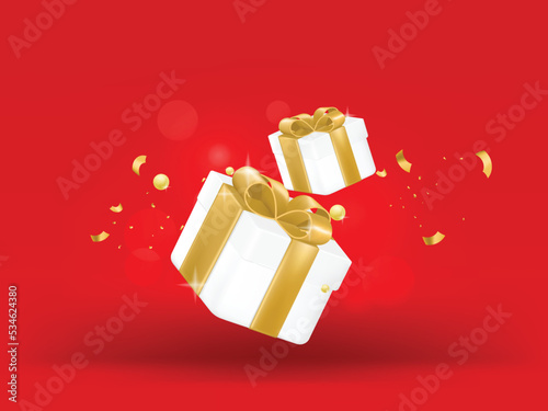 3D Merry Christmas gift with red background holiday and Happy new year. 3D rendering. Winter holiday composition. Greeting card, banner, web poster