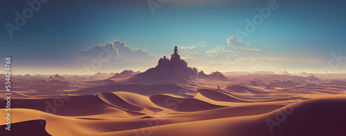 Sahara Desert Like Sea with Sand Dunes Mountain Tower. Fantasy Backdrop Concept Art Realistic Illustration Video Game Background Digital Painting CG Artwork Scenery Artwork Serious Book Illustration 