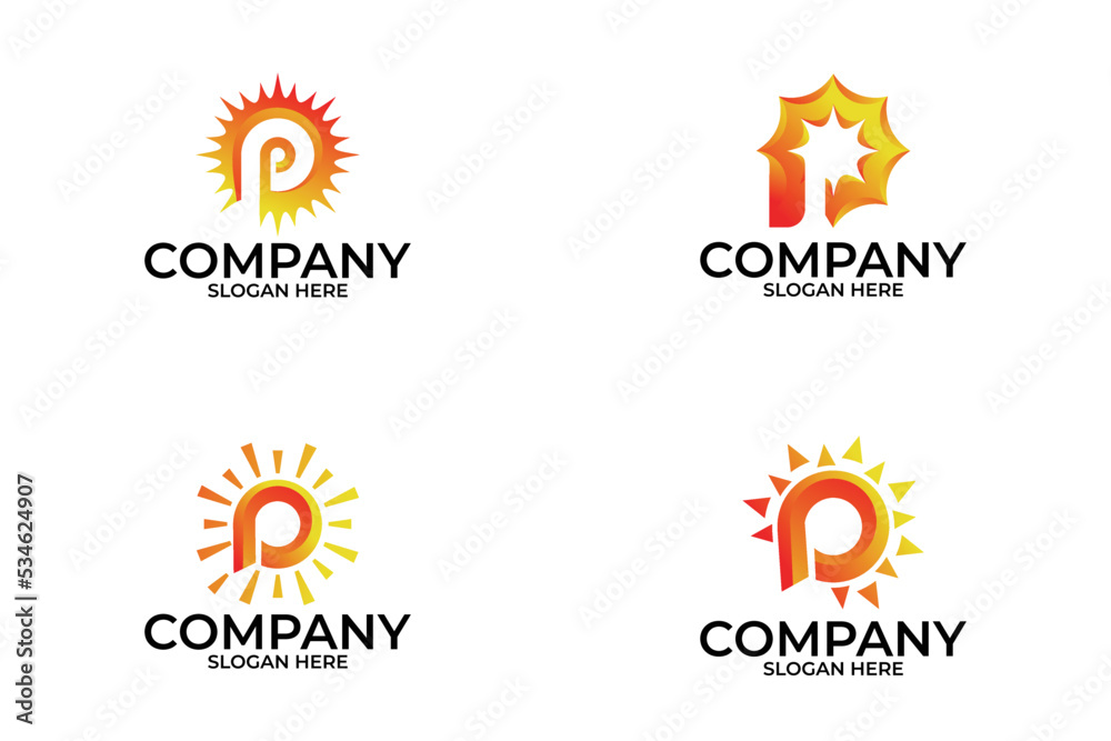 Set of sun logo concept, latter P sun design template