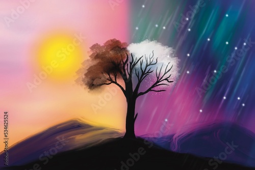 Lonely tree with day and night background, landscape painting