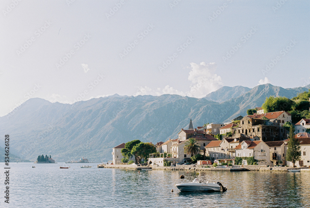 Motorboat is moored off the coast of Perast. Montenegro