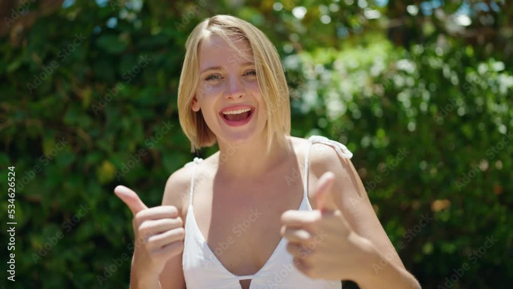 Young blonde woman smiling confident doing ok sign with thumbs up at park Young blonde woman smiling confident doing ok sign with thumbs up at park