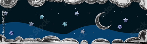 3d illustration with blue background and blue stars with chrome moon