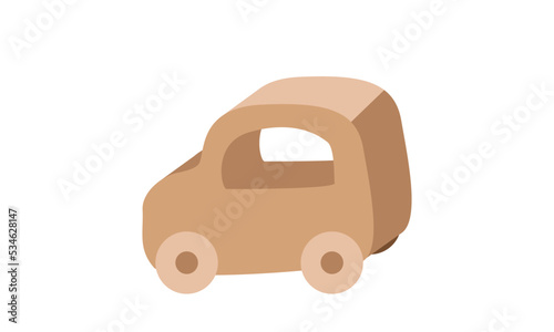 Children wooden toy car clipart. Cute simple wooden brown car toy for baby, kids, children flat vector illustration. Wooden car toy cartoon style icon. Kids, baby shower and children toys concept