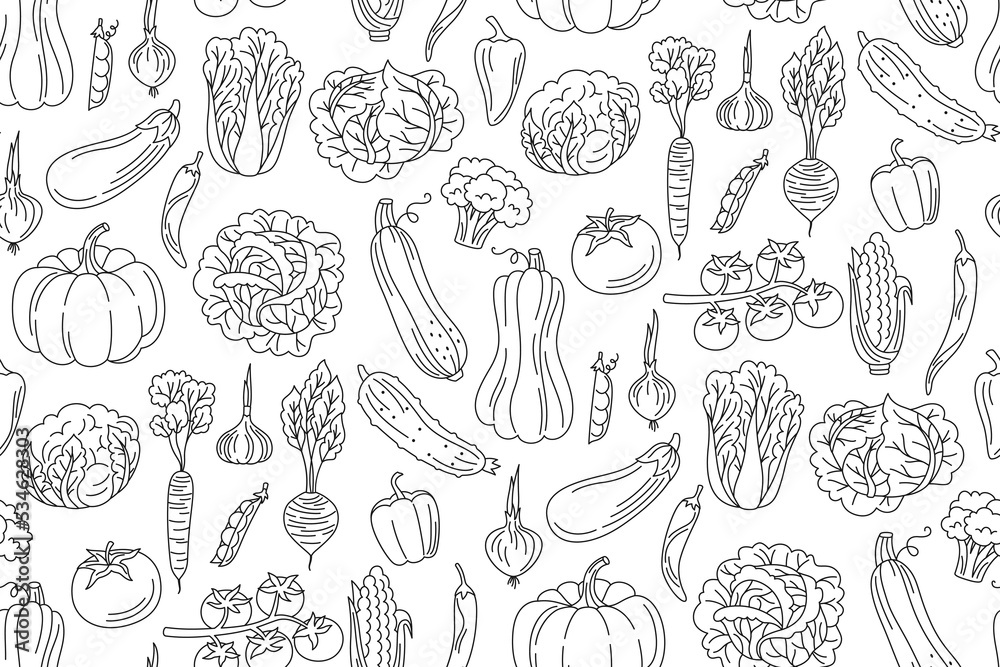 Vegetables doodle linear seamless pattern, wallpaper. Healthy diet food farm product veggies endless ornament. Farming harvest cauliflower, tomato, cucumber pepper carrot. Cooking ingredient boundless