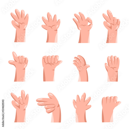 Hand gesture illustration in cartoon palm set showing different sign