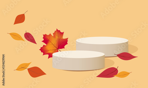 Podium for the product, background of autumn leaves on a yellow background. For an autumn sale, banner, advertisement, postcard.