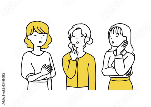悩み事を話している女性達のイラスト　シンプルな線の人物イラスト