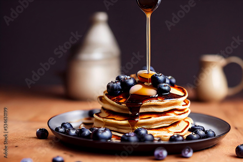 Maple syrup dripping onto blueberry pancakes, food photography and illustration