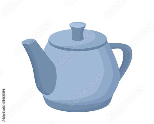 Ceramic teapot icon. Kitchen utensils, cooks equipment for cooking. Grey tableware for heating water, preparing coffee or tea, hot drinks. Social media sticker. Cartoon flat vector illustration