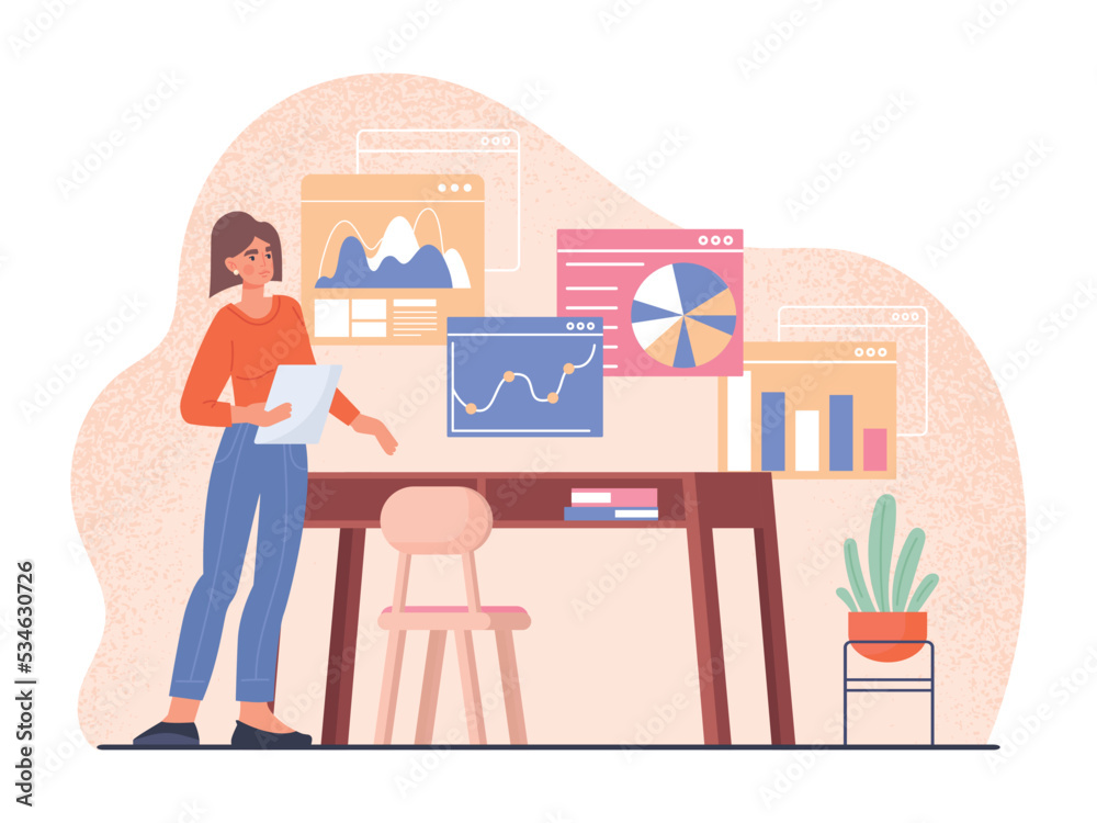 Woman with metrics. Young girl analyzes graphs, diagrams and charts, works with statistics. Marketing research concept. Remote employee or freelancer, analyst. Cartoon flat vector illustration