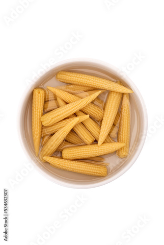 baby corn in salt water in bowl isolated on white
