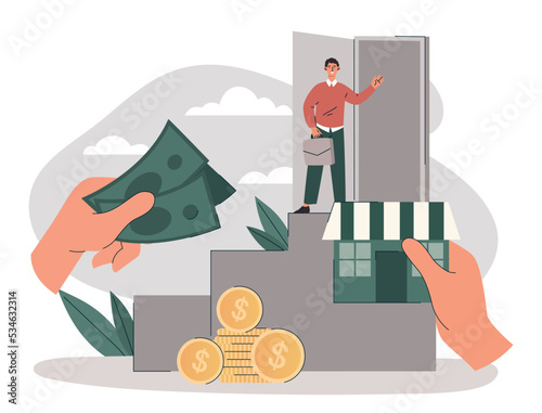 Business owner concept. Man sells point of sale, successful entrepreneur or businessman. Financial literacy and economic real estate transactions, passive income. Cartoon flat vector illustration