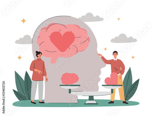 Emotional intelligence concept. Man and woman in front of scales, on which brain and heart and abstract silhouette of head. Psychology and mental health, awareness. Cartoon flat vector illustration