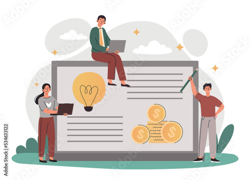 Financial literacy concept. Men and women analyze statistics, collect information. Entrepreneurs or investors evaluate effectiveness of transaction, economy. Cartoon flat vector illustration