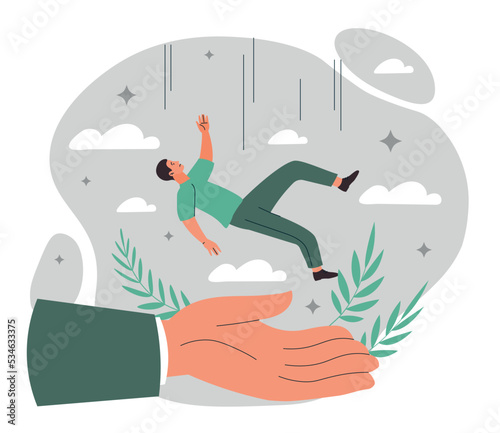 Insurance and support. Big hand catches falling man, young guy. Boss takes care of his subordinates and creates best comfortable conditions for effective work. Cartoon flat vector illustration