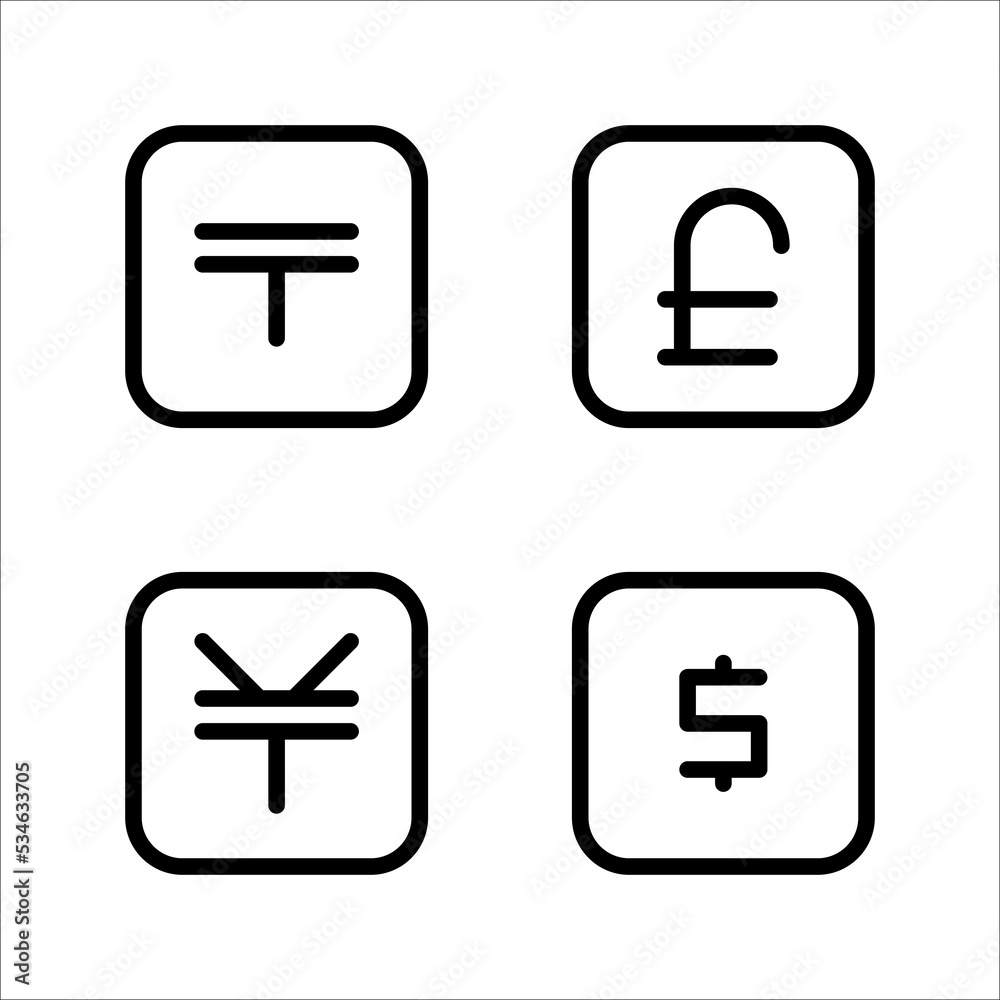 set of currency icons, on a white background.