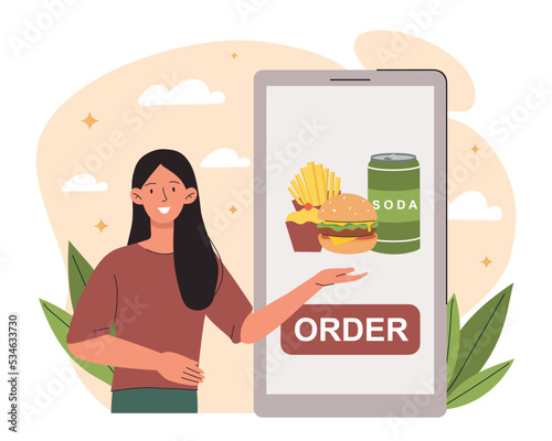 Ordering fast food. Online shopping and home delivery. Young girl chooses fast food, french fries and drinks in application or program. Woman with smartphone. Cartoon flat vector illustration