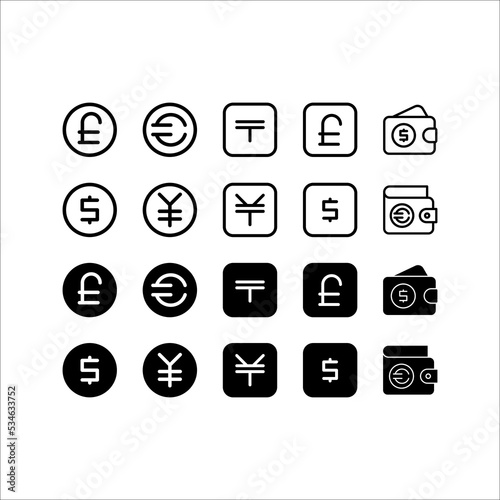 set of currency icons, on a white background.