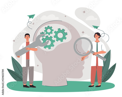 Psychological therapy concept. Male psychologists with wrench fix work of gears in abstract silhouette of head. Metaphor for help and support, mental health care. Cartoon flat vector illustration