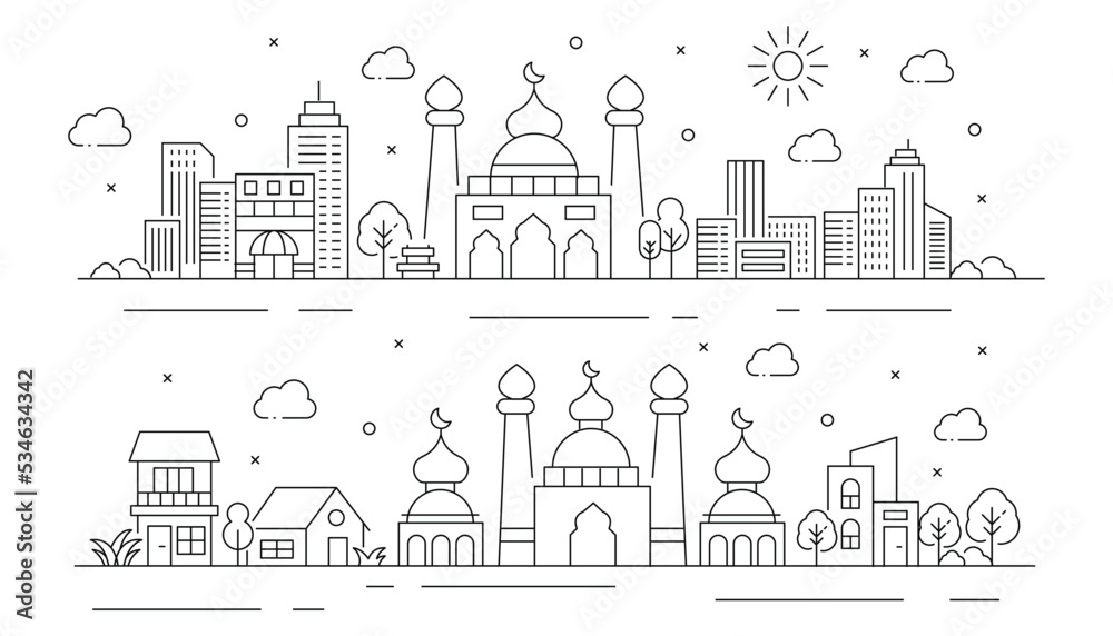 Illustration of a mosque with buildings in thin style