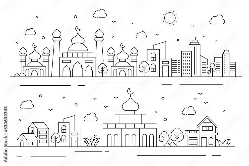 Illustration of a mosque with buildings in thin style